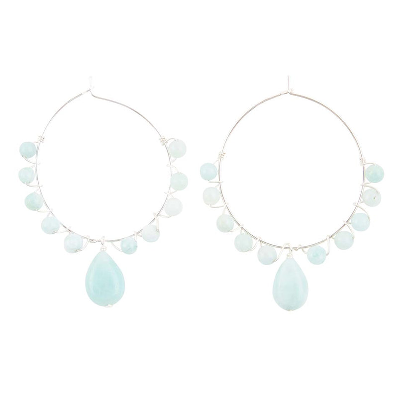 Blue Amazonite and Sterling Silver Beaded Hoop Earrings