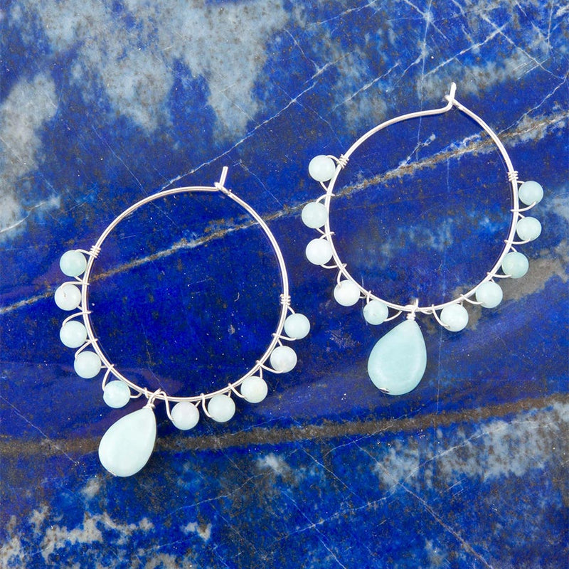 Blue Amazonite and Sterling Silver Beaded Hoop Earrings