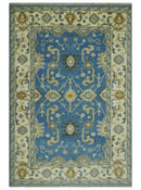 Blue and Beige 6x9 Hand Knotted Traditional Oushak wool area rug by The Rug Decor