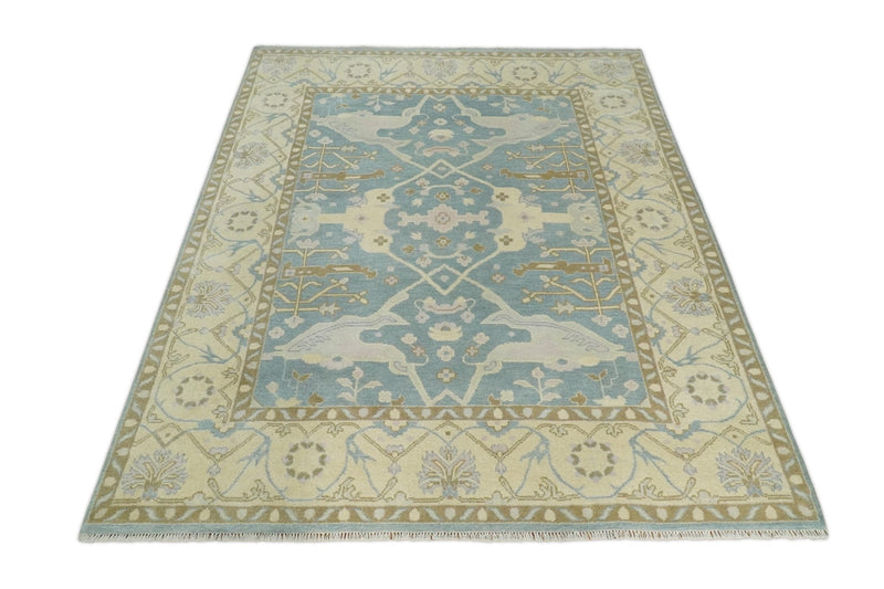 Blue and Beige Hand Knotted 8x10 Oriental Oushak Wool Area Rug | TRDCP1173810