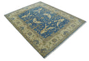 Blue and Beige Hand Knotted Traditional Oriental Oushak 8x10 wool Area Rug by The Rug Decor