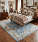 Blue and Beige Hand Knotted 100 Percent Wool Area Rug with Traditional Oushak Design by The Rug Decor