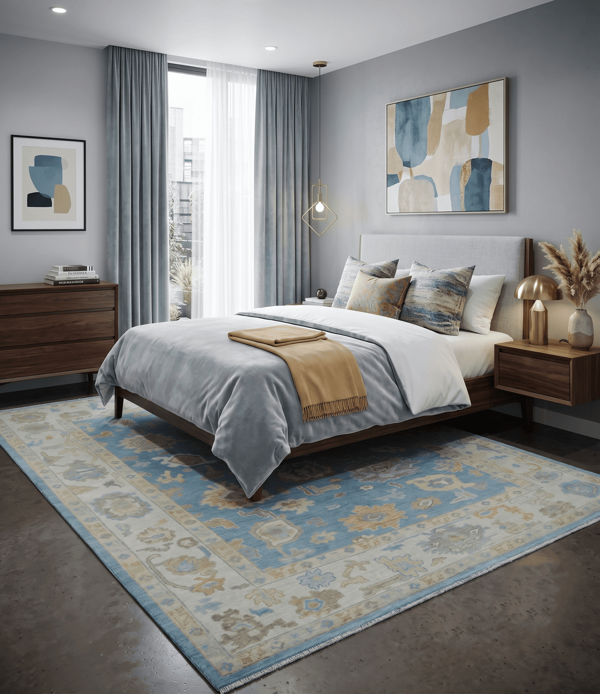 Blue and Beige Hand Knotted 100 Percent Wool Area Rug with Traditional Oushak Design, photo 4 of 13