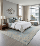 Hand Knotted Wool Area Rug Turkish Oushak Aqua Beige Ivory Floral