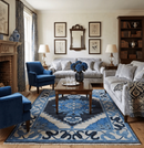 Wool Area Rug Blue Black and Ivory Hand Knotted Heriz Serapi by The Rug Decor