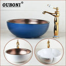 GobekUsa Hand Painted Ceramic Vessel Sink Set with Golden Teapot Spout Faucet