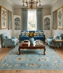 Aqua and Gray Hand Knotted Turkish Wool Oushak Handcrafted Area Rug by The Rug Decor