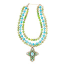 Legacy Lime Green and Blue Turquoise Golden Cross Pendant Statement Necklace by Barse Jewelry