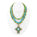 Legacy Lime Green and Blue Turquoise Golden Cross Pendant Statement Necklace by Barse Jewelry