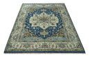 Hand Knotted Wool Area Rug Traditional Blue Ivory Olive Heriz Medallion Persian Style by The Rug Decor