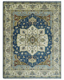 Hand Knotted Wool Area Rug Traditional Blue Ivory Olive Heriz Medallion Persian Style by The Rug Decor