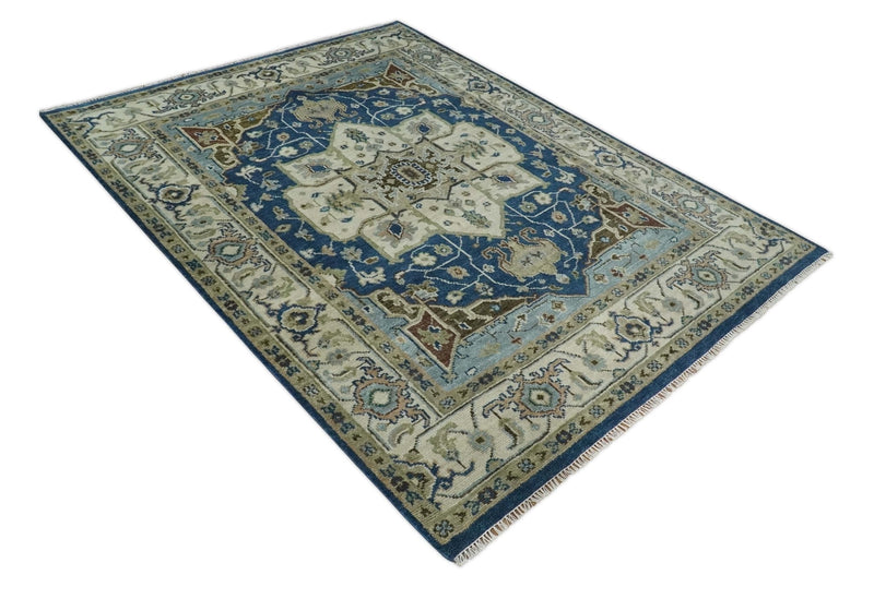 Antique look Blue, Ivory and Olive Traditional Heriz Medallion Multi Size wool Area Rug