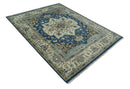 Hand Knotted Wool Area Rug Traditional Blue Ivory Olive Heriz Medallion Persian Style by The Rug Decor