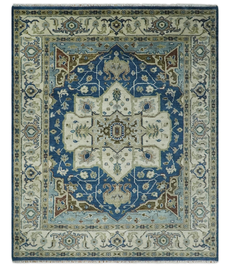 Antique look Blue, Ivory and Olive Traditional Heriz Medallion Multi Size wool Area Rug