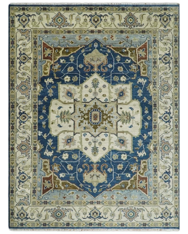 Antique look Blue, Ivory and Olive Traditional Heriz Medallion Multi Size wool Area Rug