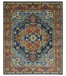 Blue and Rust Hand Knotted 8x10, 9x12, 10x14 and 12x15 Wool Antique Area Rug by The Rug Decor