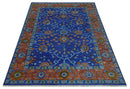 Blue and Rust Hand Knotted Traditional Floral Oushak 8.9x12.1 Wool Area Rug by The Rug Decor