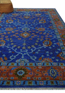 Blue and Rust Hand Knotted Traditional Floral Oushak 8.9x12.1 Wool Area Rug by The Rug Decor