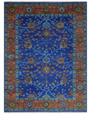 Blue and Rust Hand Knotted Traditional Floral Oushak 8.9x12.1 Wool Area Rug by The Rug Decor