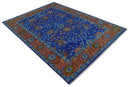 Blue and Rust Hand Knotted Traditional Floral Oushak 8.9x12.1 Wool Area Rug by The Rug Decor