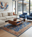 Blue and Rust Turkish Oushak Hand Knotted Wool Area Rug - Traditional Serapi Pattern