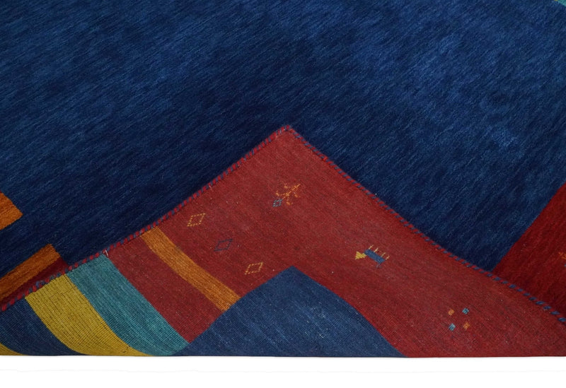 5.8x8 Blue and Rust with multicolor Striped Wool Hand Woven Southwestern Lori Gabbeh Rug| KNT19