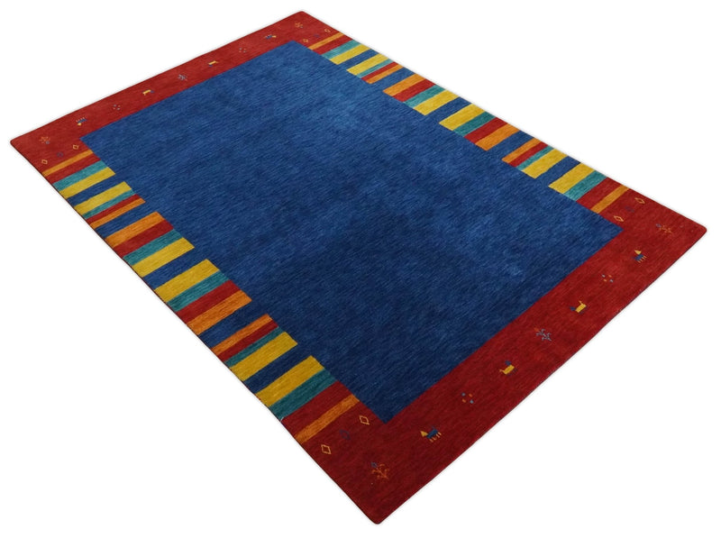 5.8x8 Blue and Rust with multicolor Striped Wool Hand Woven Southwestern Lori Gabbeh Rug| KNT19