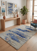Blue and Silver Abstract Hand-Tufted Wool and Silk Area Rug 5x8