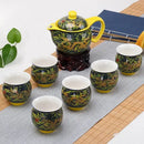 GobekUsa Double Ceramic Teaware Set: 1 Tea Pot + 6 Cups, Chinese Gongfu Tea Set