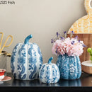 GobekUsa Blue White Porcelain Pumpkin Vase Desk Decoration Artificial Flowers Bouquet