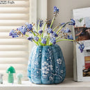 GobekUsa Blue White Porcelain Pumpkin Vase Desk Decoration Artificial Flowers Bouquet
