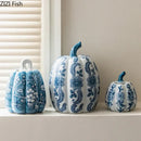 GobekUsa Blue White Porcelain Pumpkin Vase Desk Decoration Artificial Flowers Bouquet