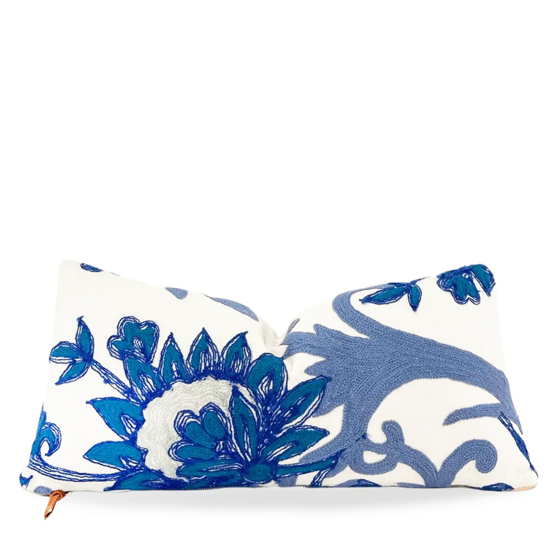 Blue And White  White Floral Embroidered Throw Pillow