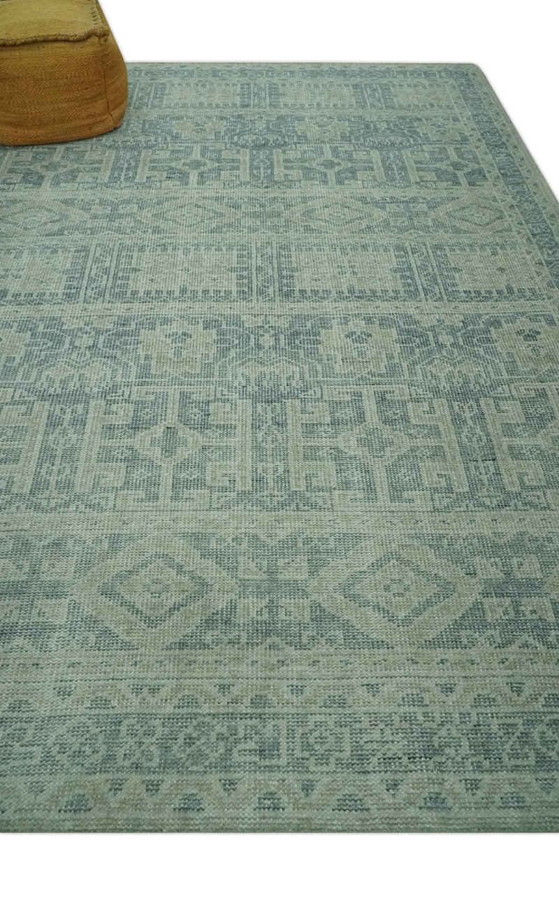 Blue, Beige and Silver 8x10 Hand Knotted Tribal Design wool area rug