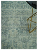 Blue, Beige and Silver 8x10 Hand Knotted Tribal Design wool area rug