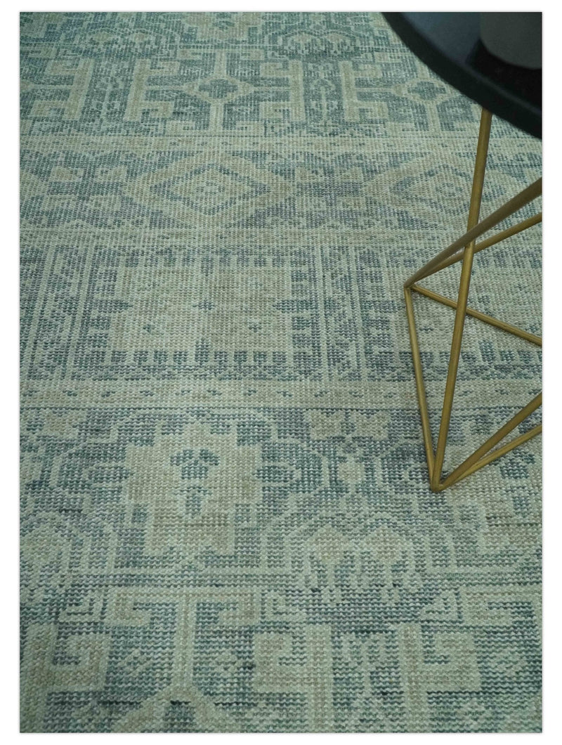 Blue, Beige and Silver 8x10 Hand Knotted Tribal Design wool area rug