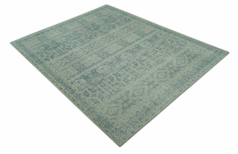Blue, Beige and Silver 8x10 Hand Knotted Tribal Design wool area rug
