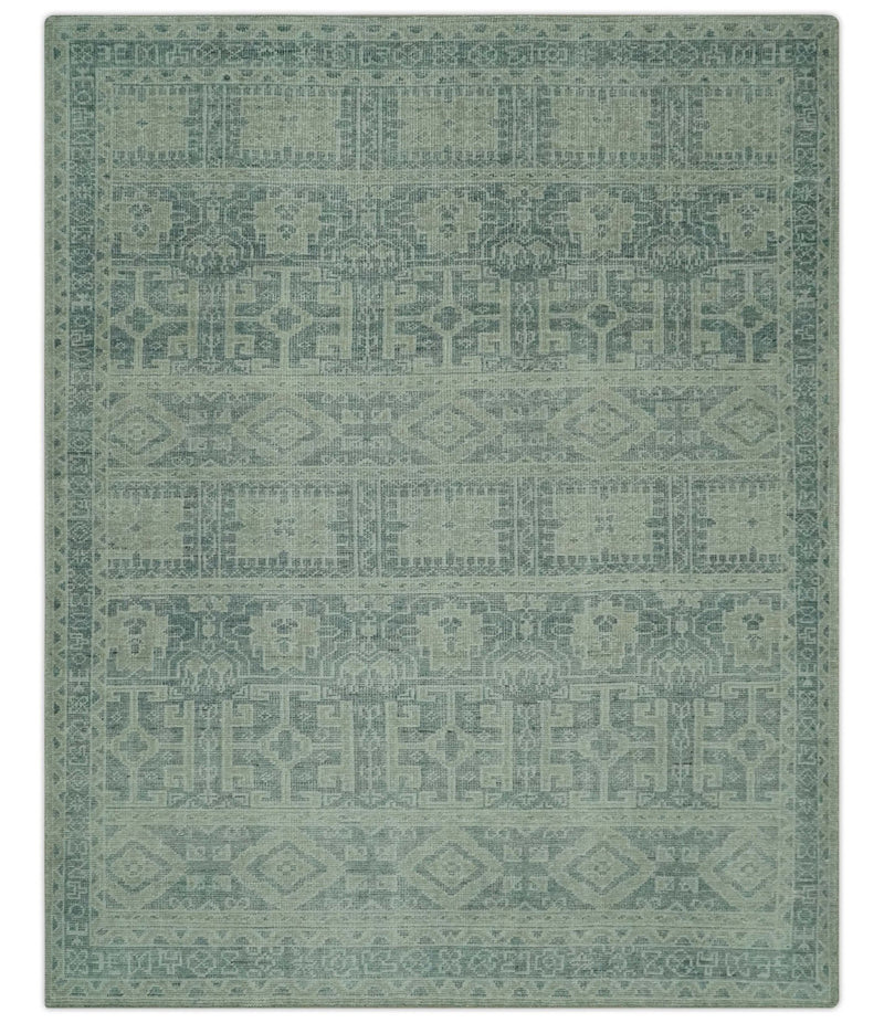 Blue, Beige and Silver 8x10 Hand Knotted Tribal Design wool area rug