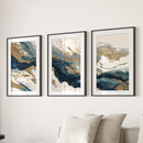 Gold & Blue Brush Strokes. Luxury 3 Piece Abstract Wall Art by Wall Art Set