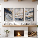 3 Piece Modern Abstract Marble Wall Art: Navy Blue and Gold by Wall Art Set
