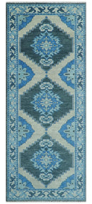 Wool Area Rug Blue Black and Ivory Hand Knotted Heriz Serapi by The Rug Decor