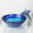 GobekUsa Blue Chrome Tall Basin Tap with Hand-Painted Glass Waterfall Sink Set