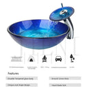 GobekUsa Blue Chrome Tall Basin Tap with Hand-Painted Glass Waterfall Sink Set