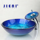 GobekUsa Blue Chrome Tall Basin Tap with Hand-Painted Glass Waterfall Sink Set
