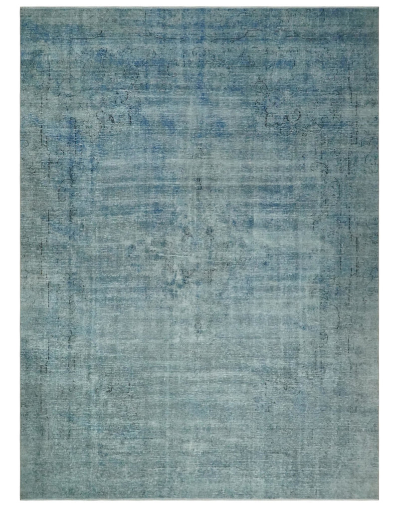 Blue Fine Hand Knotted Distressed Antique Finish 8x11 Wool Area Rug