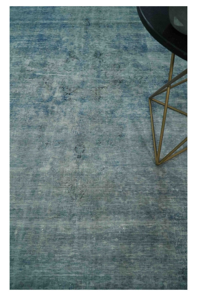 Blue Fine Hand Knotted Distressed Antique Finish 8x11 Wool Area Rug