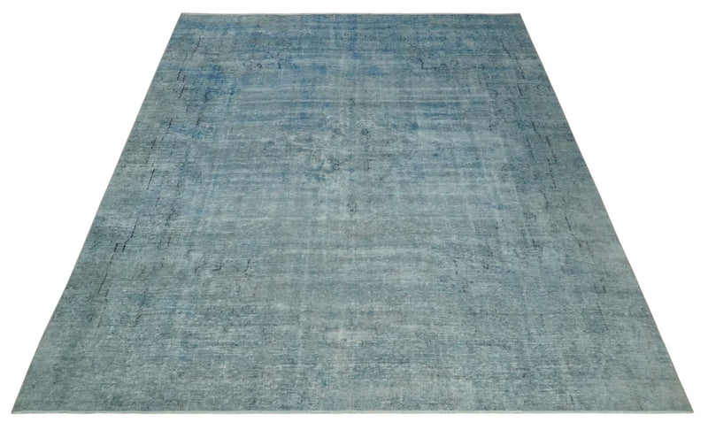 Blue Fine Hand Knotted Distressed Antique Finish 8x11 Wool Area Rug