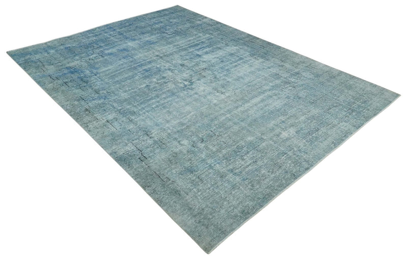 Blue Fine Hand Knotted Distressed Antique Finish 8x11 Wool Area Rug