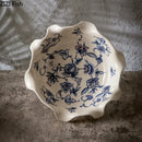 GobekUsa Blue Flower Pattern Footed Fruit Tray Dessert Plate Snack Bowl Plate