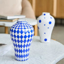 GobekUsa Blue Geometric Quilted Ceramic Vase - Polka Dots Pattern - Home Decor Craft